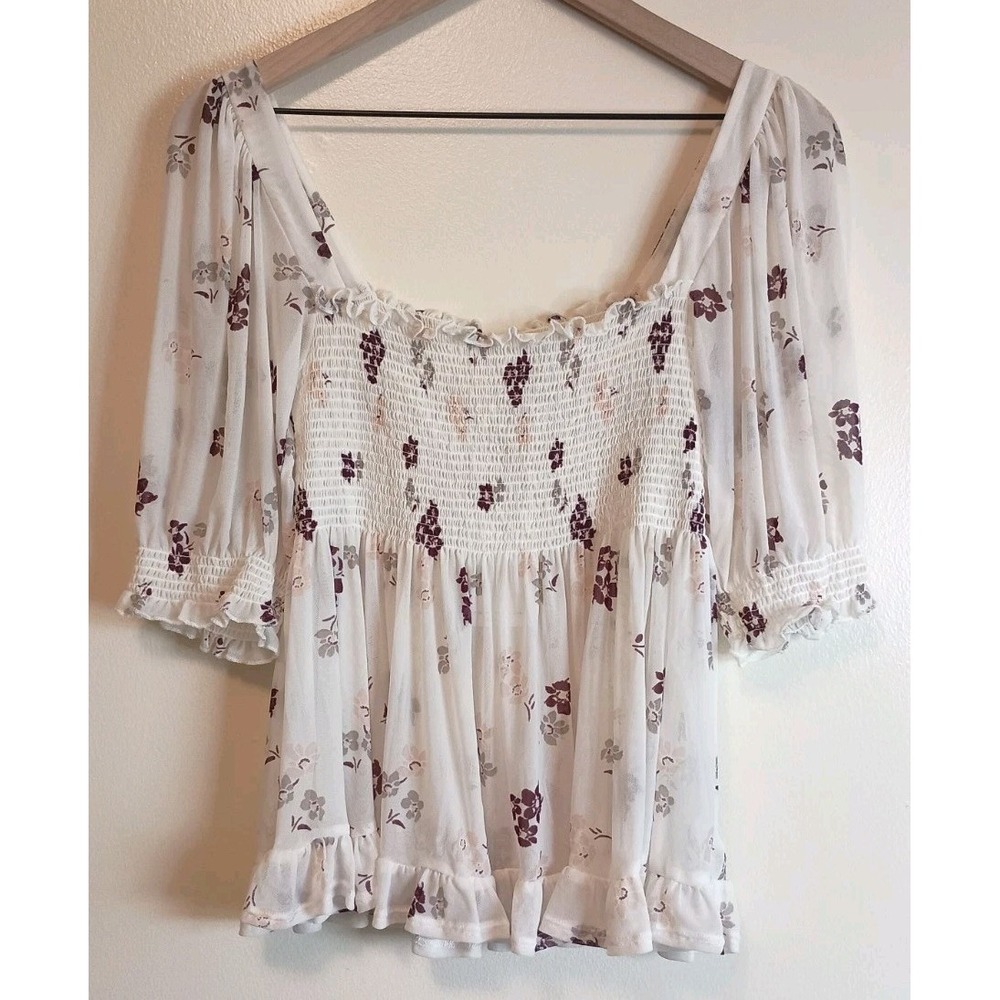 Free People NWT Delta Dawn Floral Mesh Smocked Babydoll Top Ivory Small